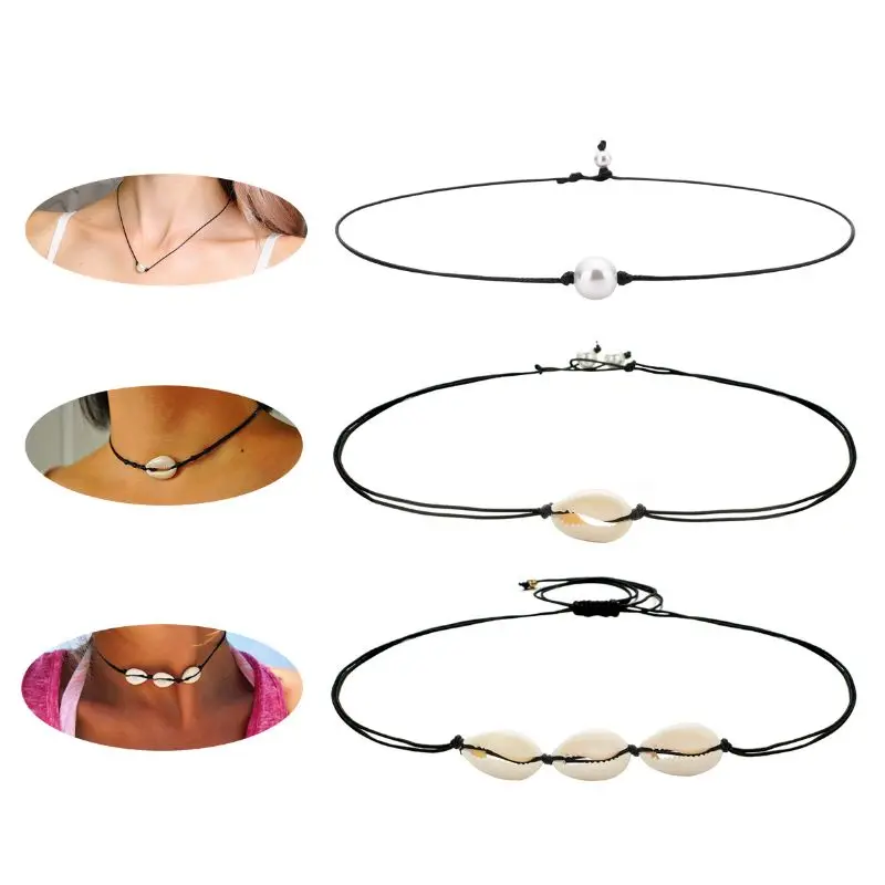 

3 Pcs/set Simple Women Lady Neck Chain Shell Artificial Pearl Leather Rope Necklace DIY Handmade Collar Girls Jewelry Y4QB