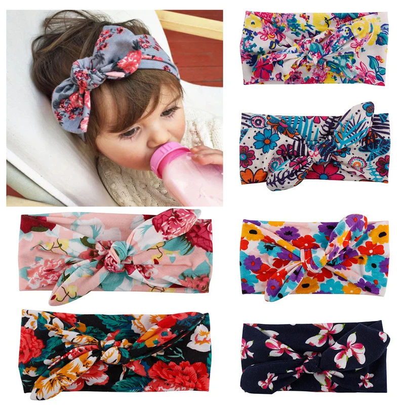 Cute Boho Floral Printed Knotted Hair Band Brief Children Flower Rabbit Ears Headbands Accessories Gift for Kids | Детская одежда и