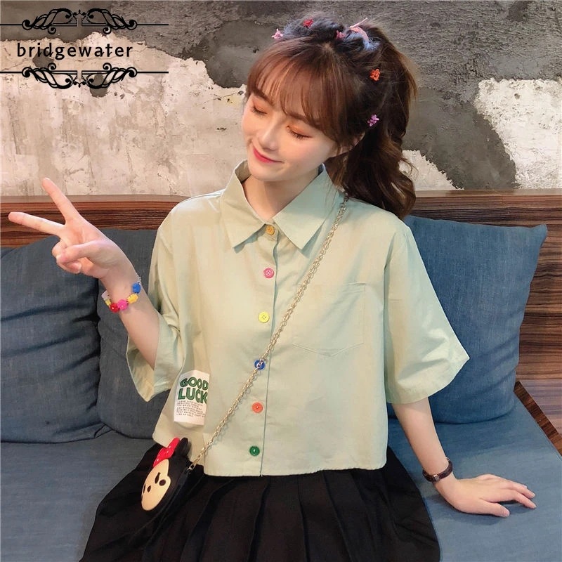 

Хлопковые женские рубашки, свободные, однотонные, с коротким рукавом, для студенток, в Корейском стиле, лето, универсальные блузки