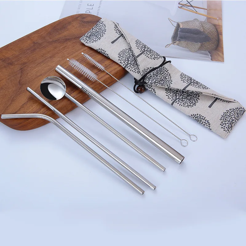 

304 Stainless Steel Straw Set Pearl Milk Tea Coffee Stir Straw Cleaning Brush Bag Spoon Tube Metal Straw