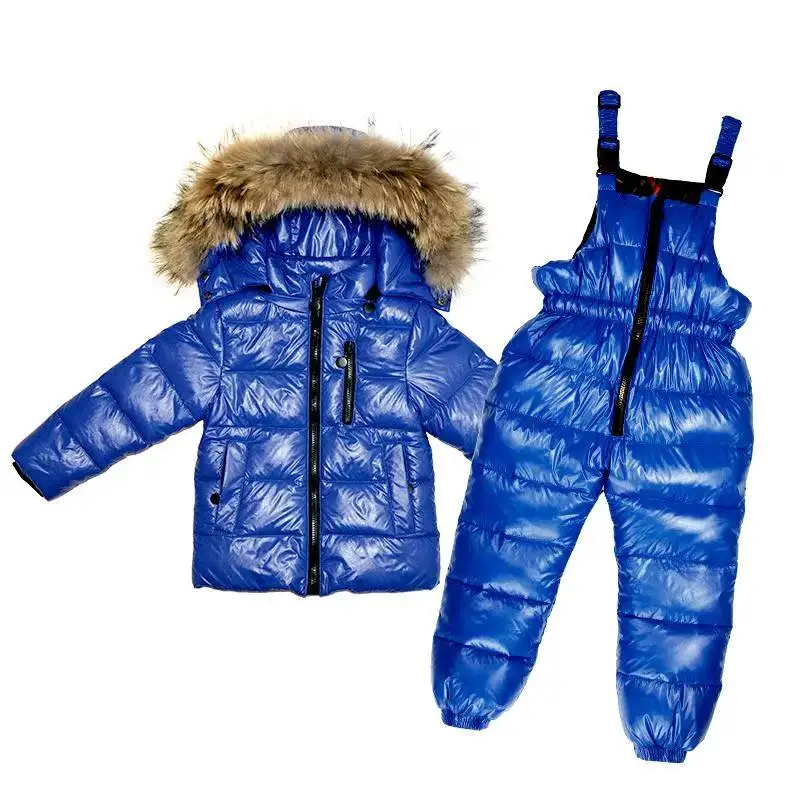 dark blue Костюм на утином пуху для мальчиков, теплый зимний комплект для детей на температуру до-30 градусов, зимняя куртка для девочек с капюшоном+ утепленный комбинезон, длинные пальто для малышей - Цвет: dark blue