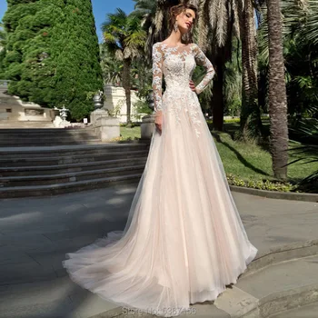 

Champagne Long Sleeves Wedding Dresses A Line Scoop Appliques Bridal Gowns Court Train Vestidos De Noiva Lace Up Robe De Mariee