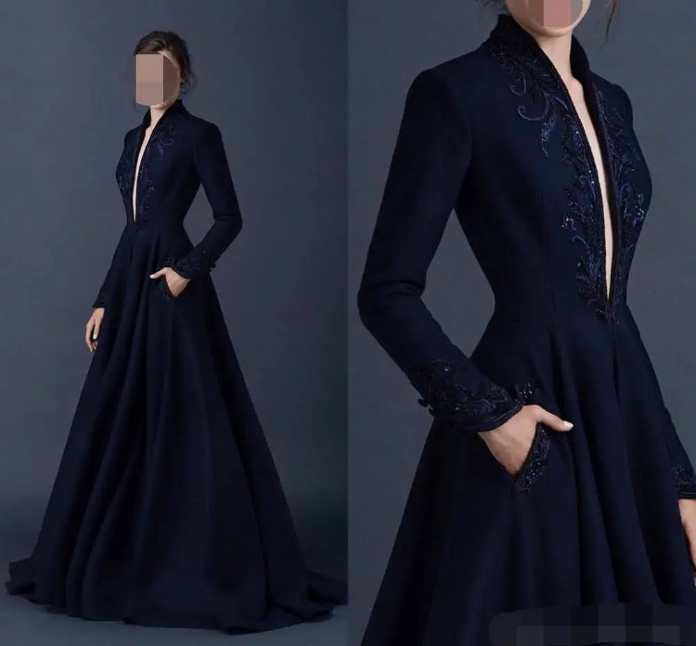 Темно-синее атласное вечернее платье es вышивка на заказ robe de soiree бисерное вечернее платье с глубоким v-образным вырезом вечернее платье - Цвет: Тёмно-синий
