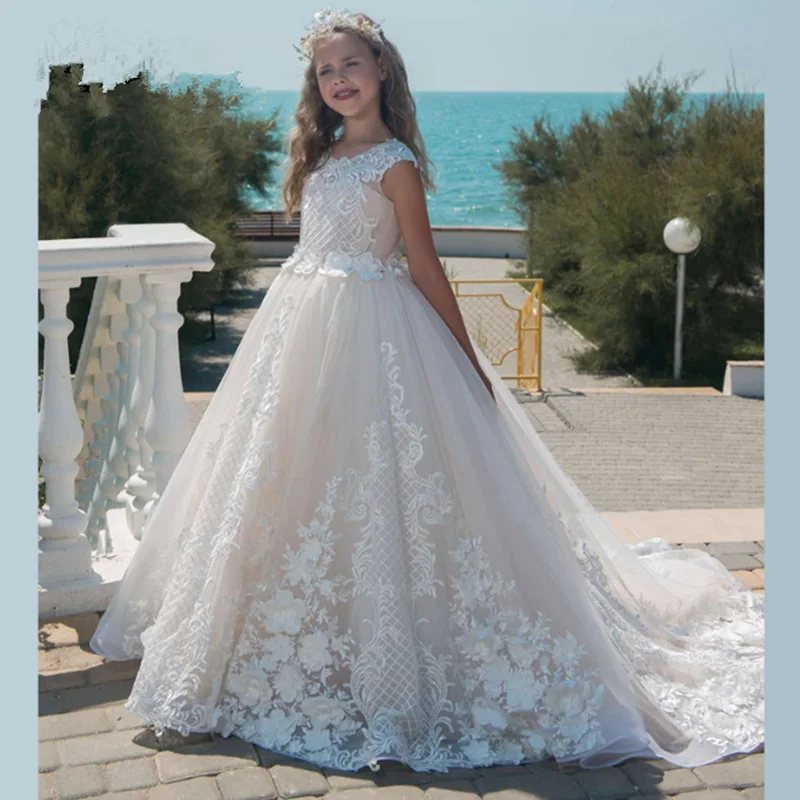 125Elegant Flower Girl Dresses luxurious Sleeveless Tulle Lace Applique Weddings Kids Evening Gowns For Girls First communion Dress