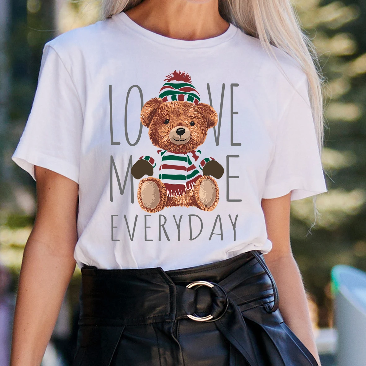 

BLINGPAW Teddy Bear Life Love Me Everyday Letter Print T-shirt White Cotton Unisex Top&Tees Summer Custom Tee Shirts