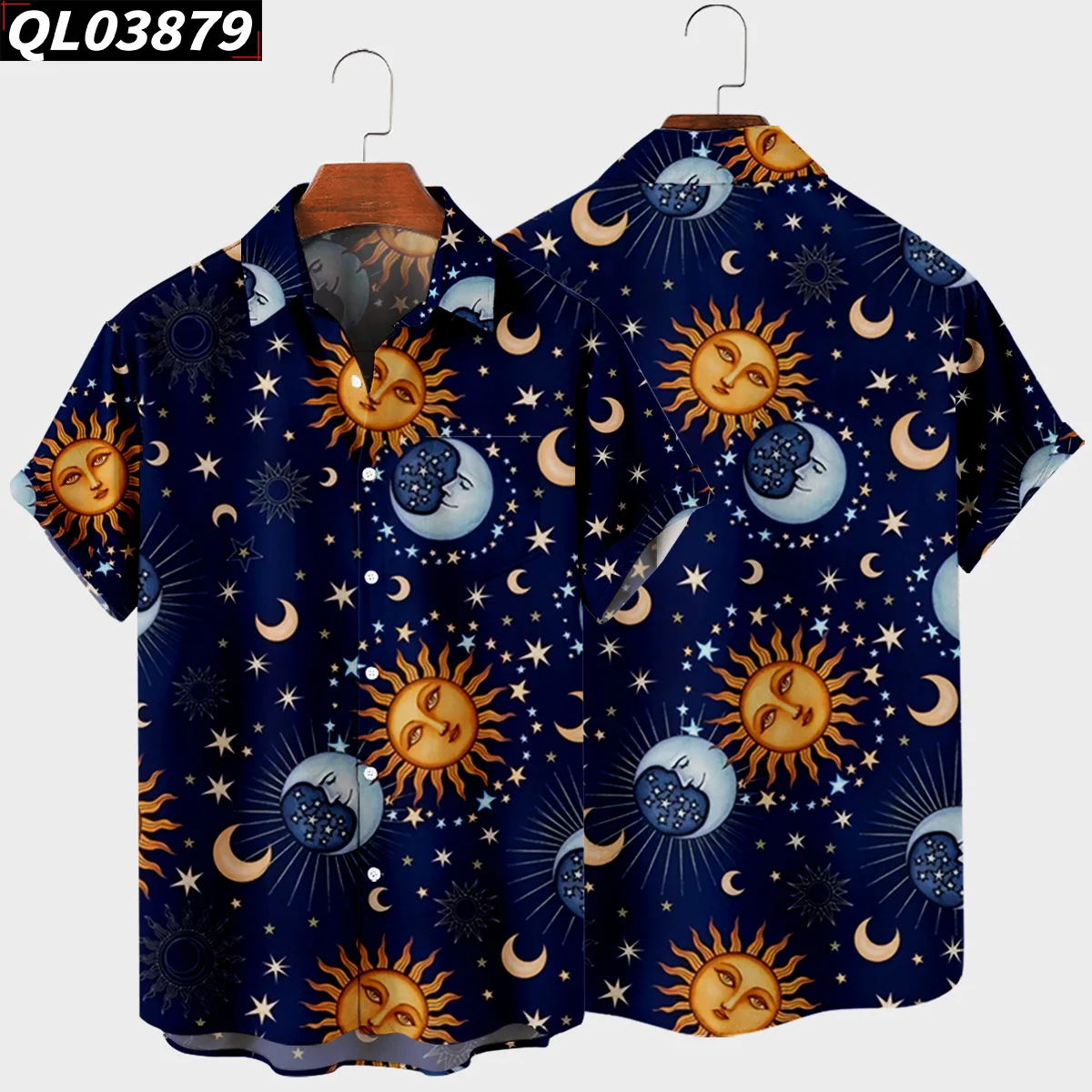 Visesunny Men's Casual Short Sleeve Hawaiian Shirt - Sun Moon Star Pattern, Quick-Dry & Breathable