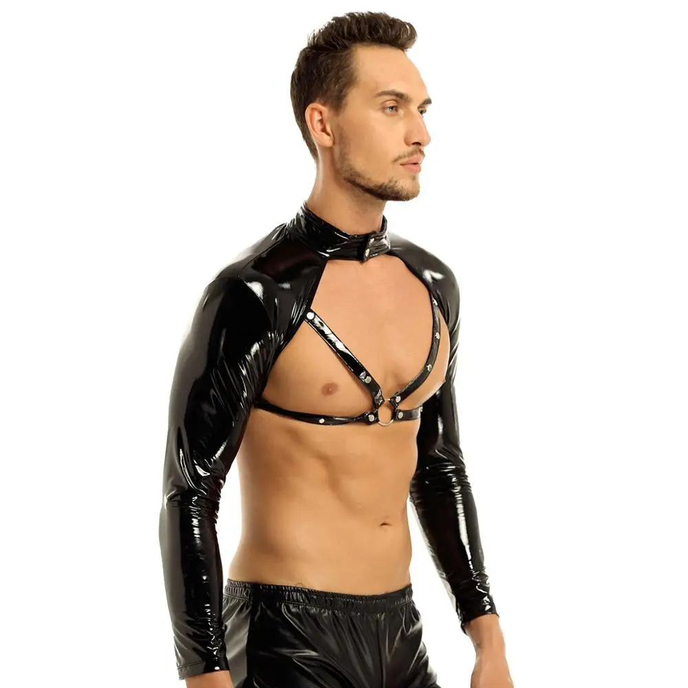 Skup Brand New Mens Wetlook z długim rękawem stojak kołnierz nabijane mięśnie O Ring przód pół seksowny top klub nocny Clubwear kostiumy