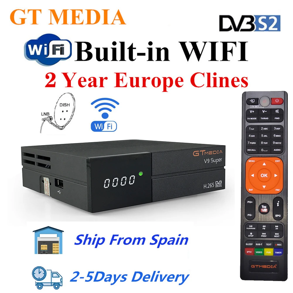 

GTMedia V9 Super Satellite Receiver DVB-S2 H.265 Built-in WiFi with 1 Year Spain Europe Cline GTmedia V8 NOVA V9 Super Receptors