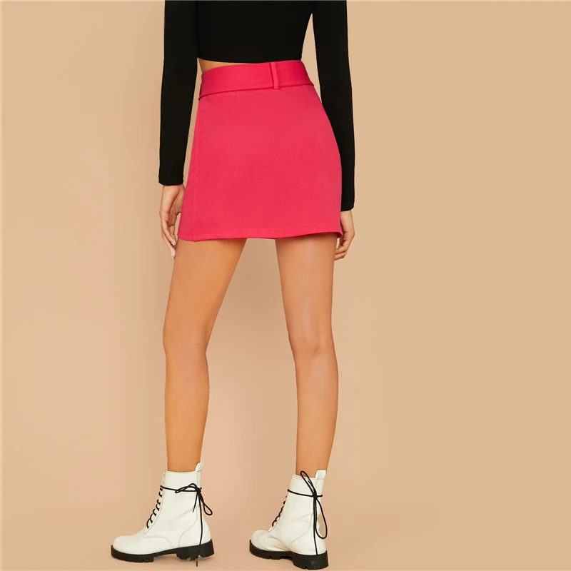 SHEIN черная пряжка с поясом однотонные юбки женские осенние Однотонные эластичные Высокая талия элегантная мини-юбка трапециевидной формы