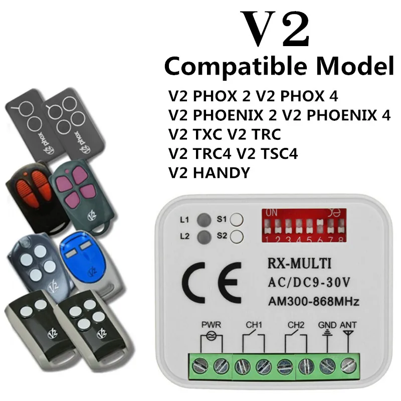 

V2 garage door opener V2 PHOX 2 PHOENIX 2 TXC TSC 4 remote control receiver garage remote command 433.92MHz Rolling code