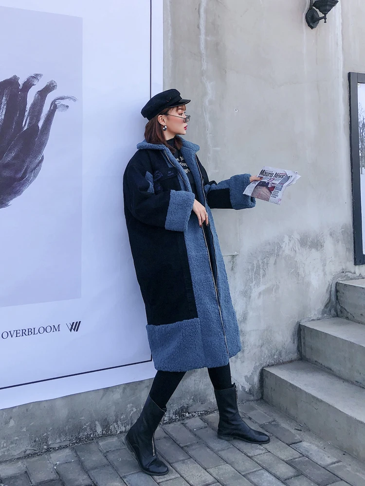 QING MO зимнее женское Шерстяное Пальто зимнее женское джинсовое лоскутное пальто винтажное женское свободного покроя размера плюс черная синяя ZQY2434