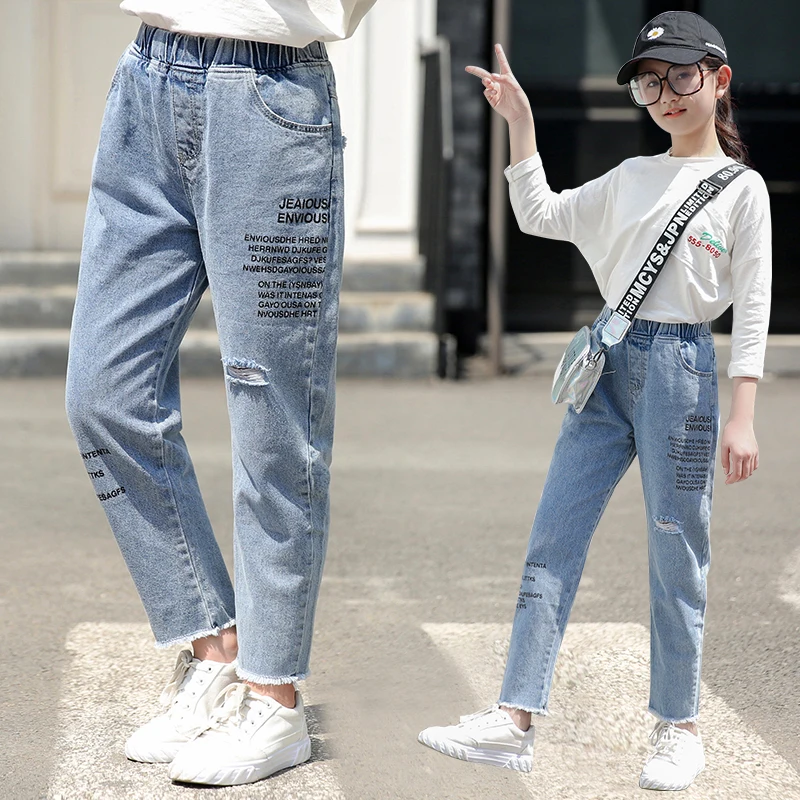 Girls Fashion Broken Hole Jeans Girls Spring Autumn Elastic Waist Casual Loose  Jeans Kids Letter Printed Jeans 3-14 Y - Kids Jeans - AliExpress
