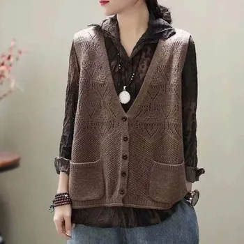 

Knitted V-neck Cardigan Hollow Sweater Vest Female Pocket Sleeveless Loose Single-breasted Stitching Sweater Vest Women Spring