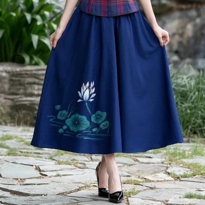 navy blue Skirt SHENG COCO Женская темно-синяя плиссированная юбка в китайском стиле, хлопковая длинная льняная юбка с цветочным принтом в виде лотоса, розовая юбка с высокой талией - Цвет: navy blue Skirt