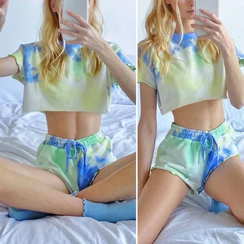 

Tie Dye Print Summer Tshirt and Drawstring Shorts Two Piece Set Women Loose Crop Top Shorts Outfits Streetwear