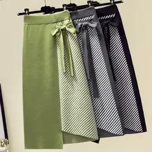 Осенняя женская вязаная юбка, модная зимняя юбка средней длины с бантиком, Лоскутная юбка в полоску, посылка на бедрах