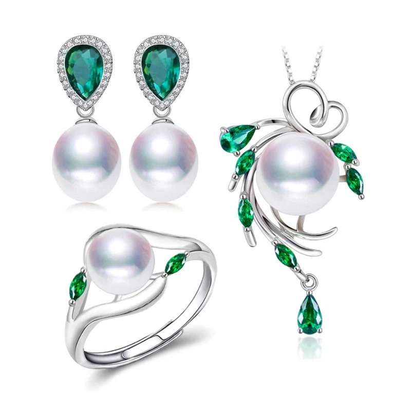 FENASY 925 Sterling Silver Emerald Jewelry Sets Natural Pearl Drop Earrings Bohemian Pendant Necklace Women Green Stones Ring - Цвет камня: A white pearls