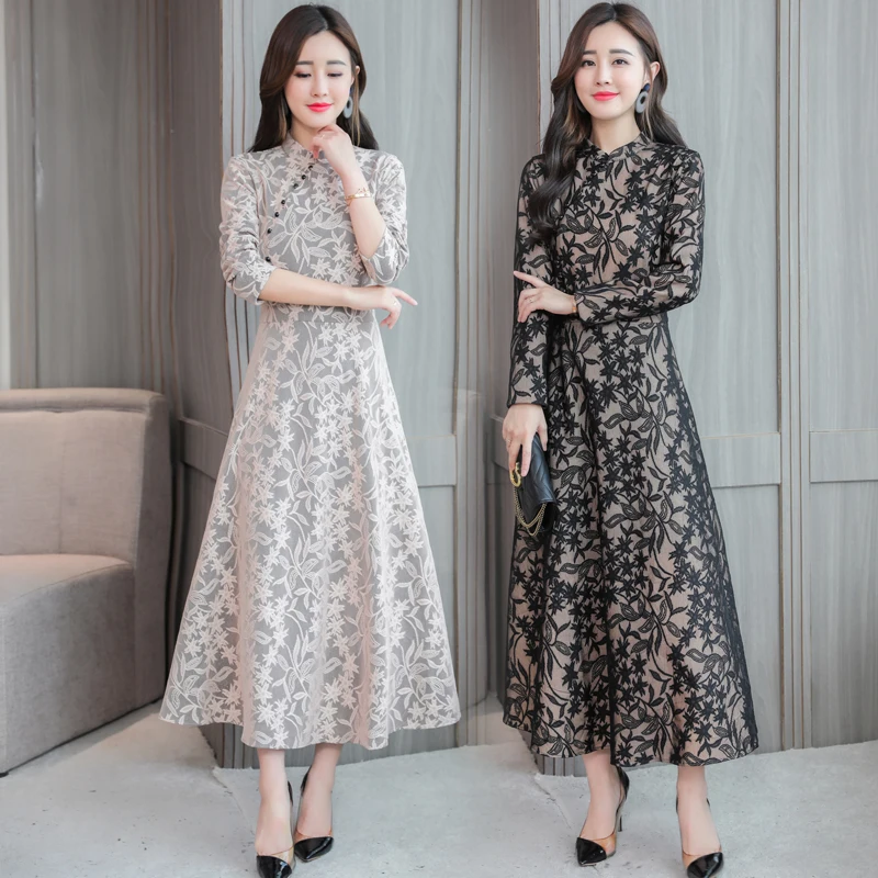 aodai, китайский стиль, Восточный чонсам, женское кружевное платье с цветочной вышивкой, полная длина, улучшенное, Ципао, женское элегантное платье