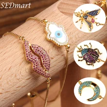 SEDmart модный браслет с изображением Луны, губ, пчелы, ладони Фатимы, микро-инкрустированный цирконием для женщин, девушек, Жуков, телескопическое Золотое ювелирное изделие, подарок