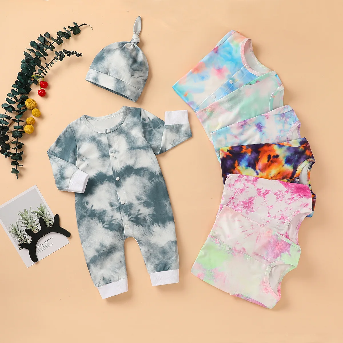 

2020 Autumn Fall Clothes Baby Boy Girl Romper Long Sleeve Tie Dye Fashion 2pc with Hat Cap Costume