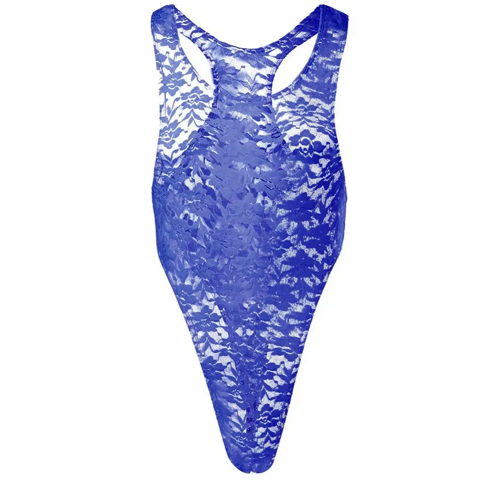 Royal Blue Men Sissy Bodysuit Underwear High Cut Hallow Lace Sheer Leotard Thong Lingerie One-piece Bodysuit Jumpsuit Wrestling Singlet - Color: Royal Blue