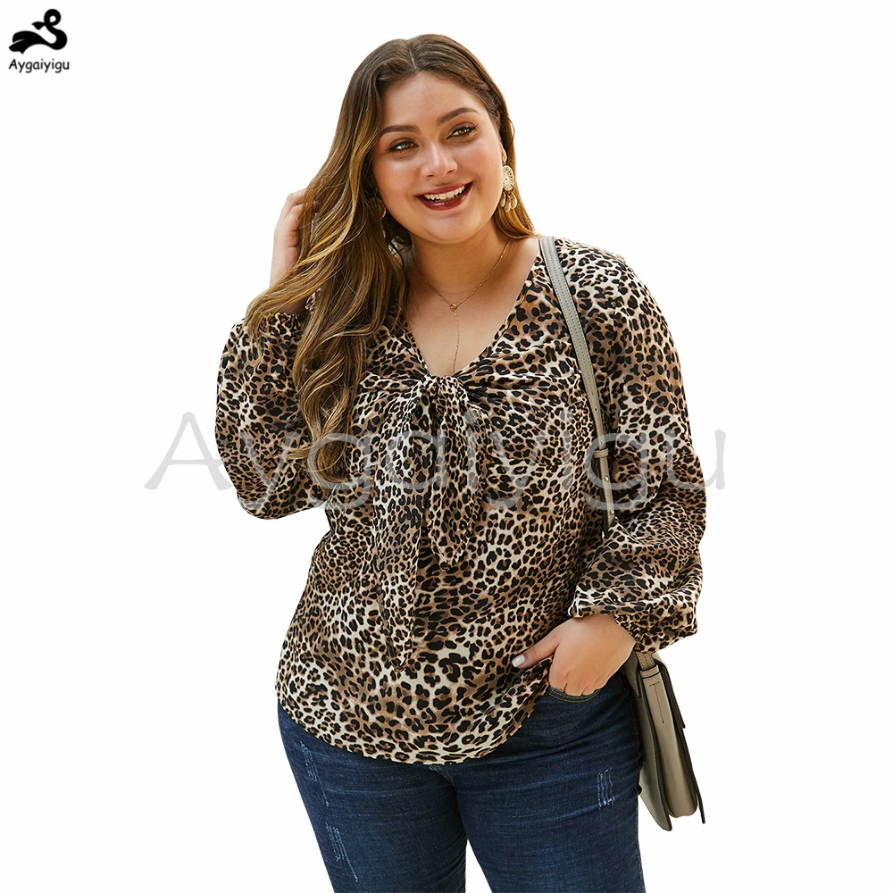 Aygaiyigu Women Leoard Printing Blouses Plus Size Fashion Ladies Shirts Large V-neck Long Puff Sleeve Knotted OL Clothing | Женская
