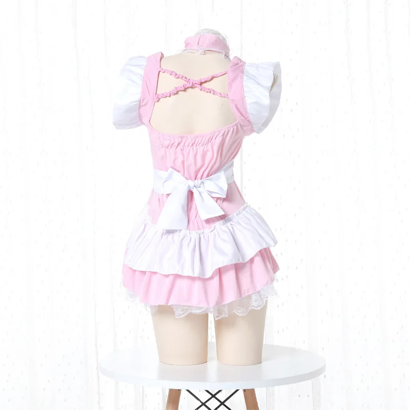 Pink Lolita Women Maid Cosplay Kawaii Apron Servant Costume Babydoll Dress Uniform Erotic Role Play Cute Live Show Sexy Lingerie