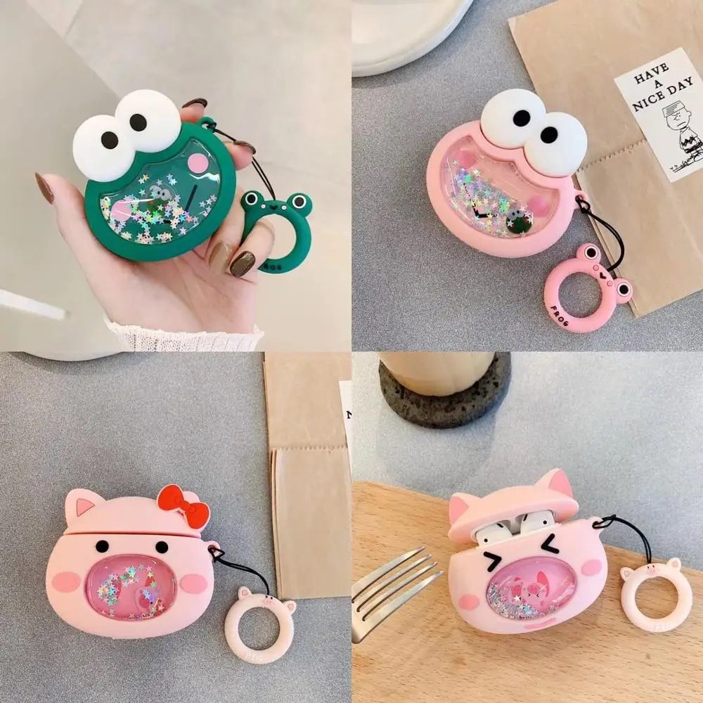 

Bling 3D cute quicksand frog pink pig wireless Bluetooth Headset Silicone Case For Airpods Earphne Protective Shockproof Cases