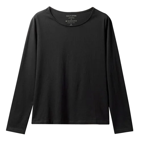 Giordano женская футболка круглый вырез, длинный рукав, футболка Femme, хлопок, Раздельный подол, Повседневная Мягкая футболка Poleras Mujer De Moda 05329784 - Цвет: 09Black
