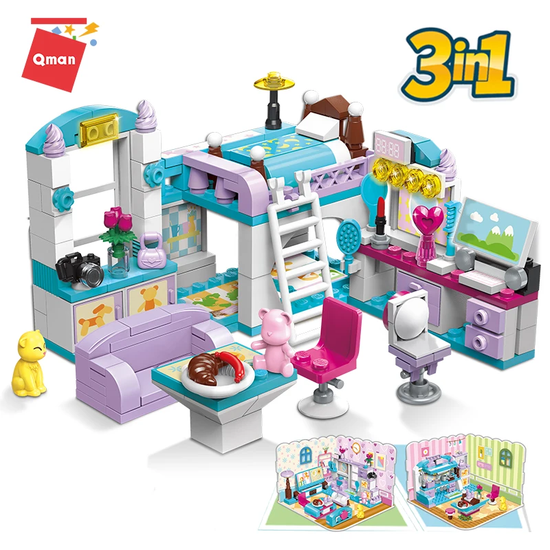 

Qman Creative 3 in 1 Girls Beautiful House Series Girl Set Ideas Living Room Building Blocks Toys With 194 Pcs