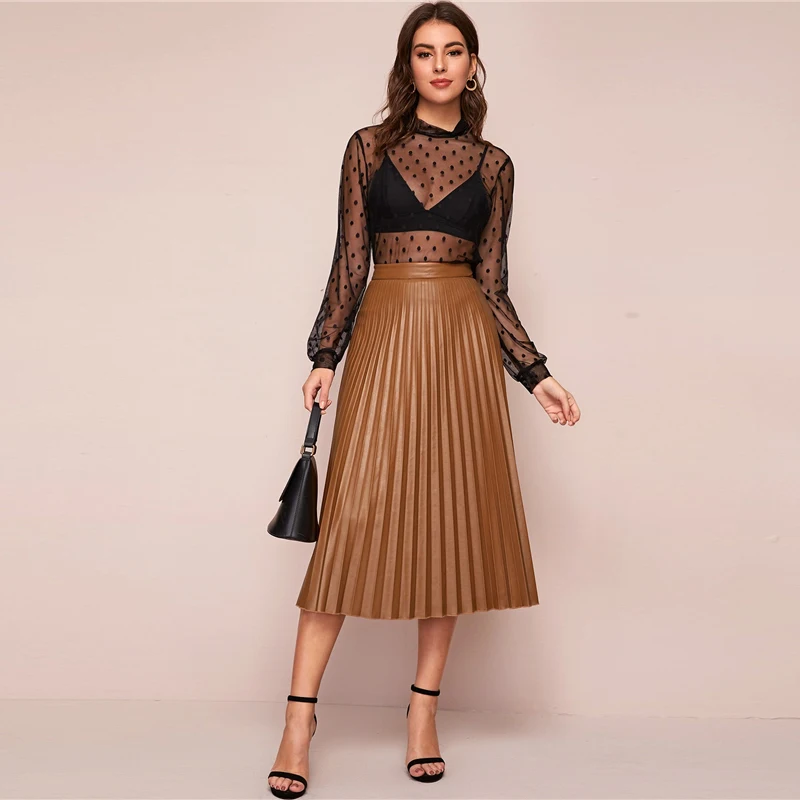 Sheinside Camel элегантная плиссированная Женская юбка из искусственной кожи Весенняя юбка миди с высокой талией Женская однотонная повседневная юбка на молнии