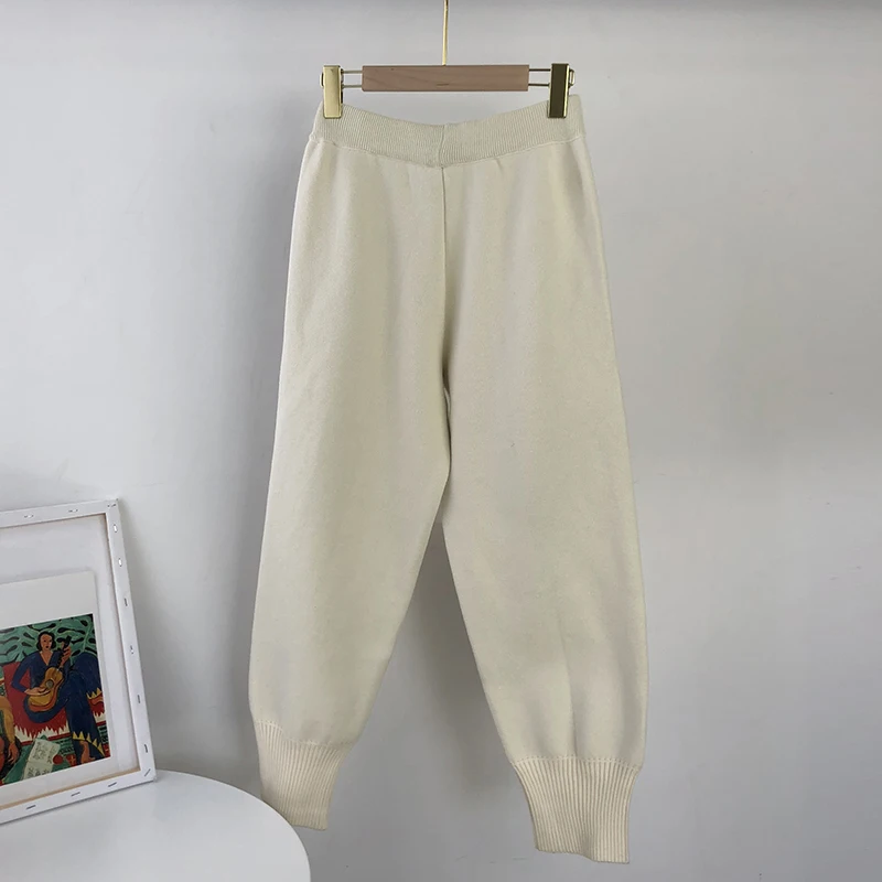 Aachoae 2020 Autumn Winter Knitted Pants Women Elastic Waist Drawstring Trousers Long Pencil Pants With Pockets Ladies Bottoms