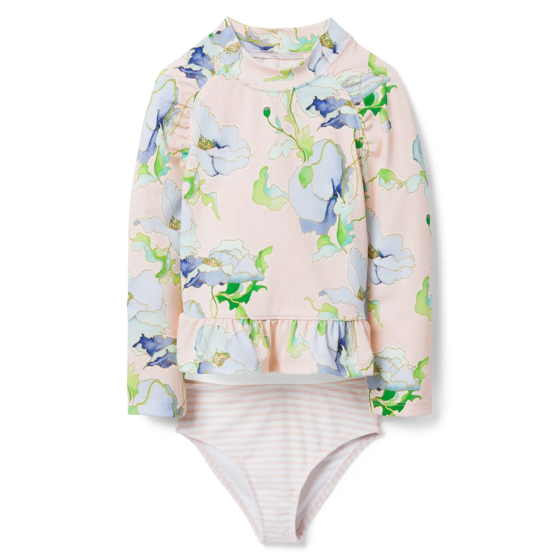 Long sleeves Girls Tankini set 2~10Y Girls swimsuit Two pieces Children Flamingo Swimwear Ins Unicorn Girls Rash Guard set-SW344 - Цвет: Pink flower
