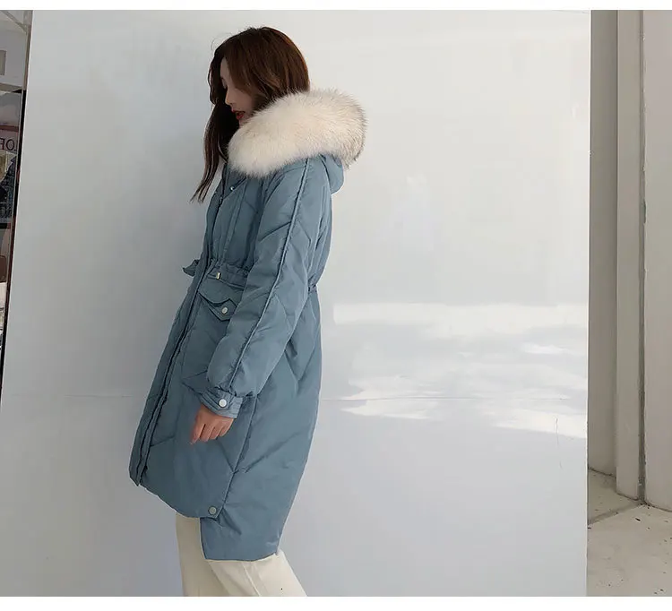 Зимний утолщенный теплый длинный пуховик для женщин, белый утиный пух, куртка, пальто, женский большой меховой воротник, с капюшоном, Свободный корейский пуховик
