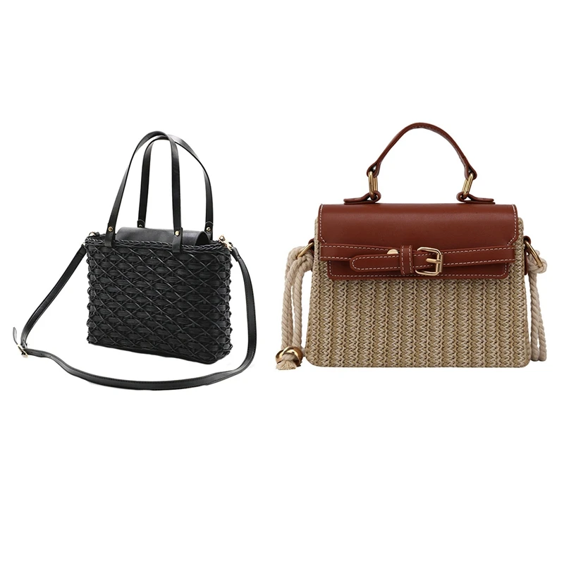 

2Pcs Women Bag Natural Rattan Shoulder Bag Beach Handbags Weaving Handmade Crossbody Bag Black&Brown