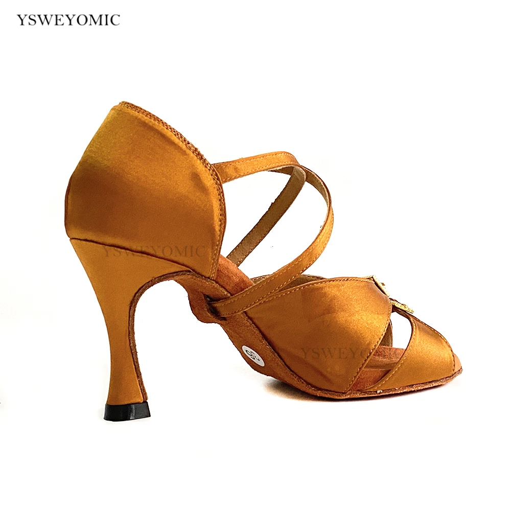 Summer Autumn Style Salsa Women Dancing Shoes Cuban heel 9cm Tan Satin Thicker Insole Professional Latin Dance Shoes YSW-123