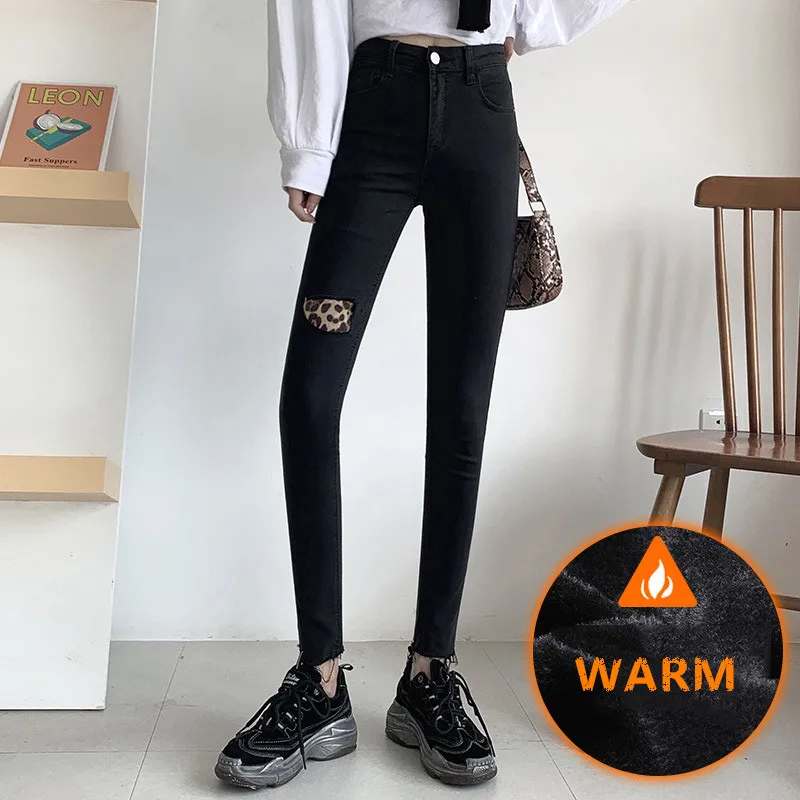 Black Plus Velvet Черные женские теплые джинсы с леопардовым принтом, модные зимние плотные бархатные обтягивающие рваные брюки-карандаш, женские джинсовые брюки с высокой талией - Цвет: Black Plus Velvet