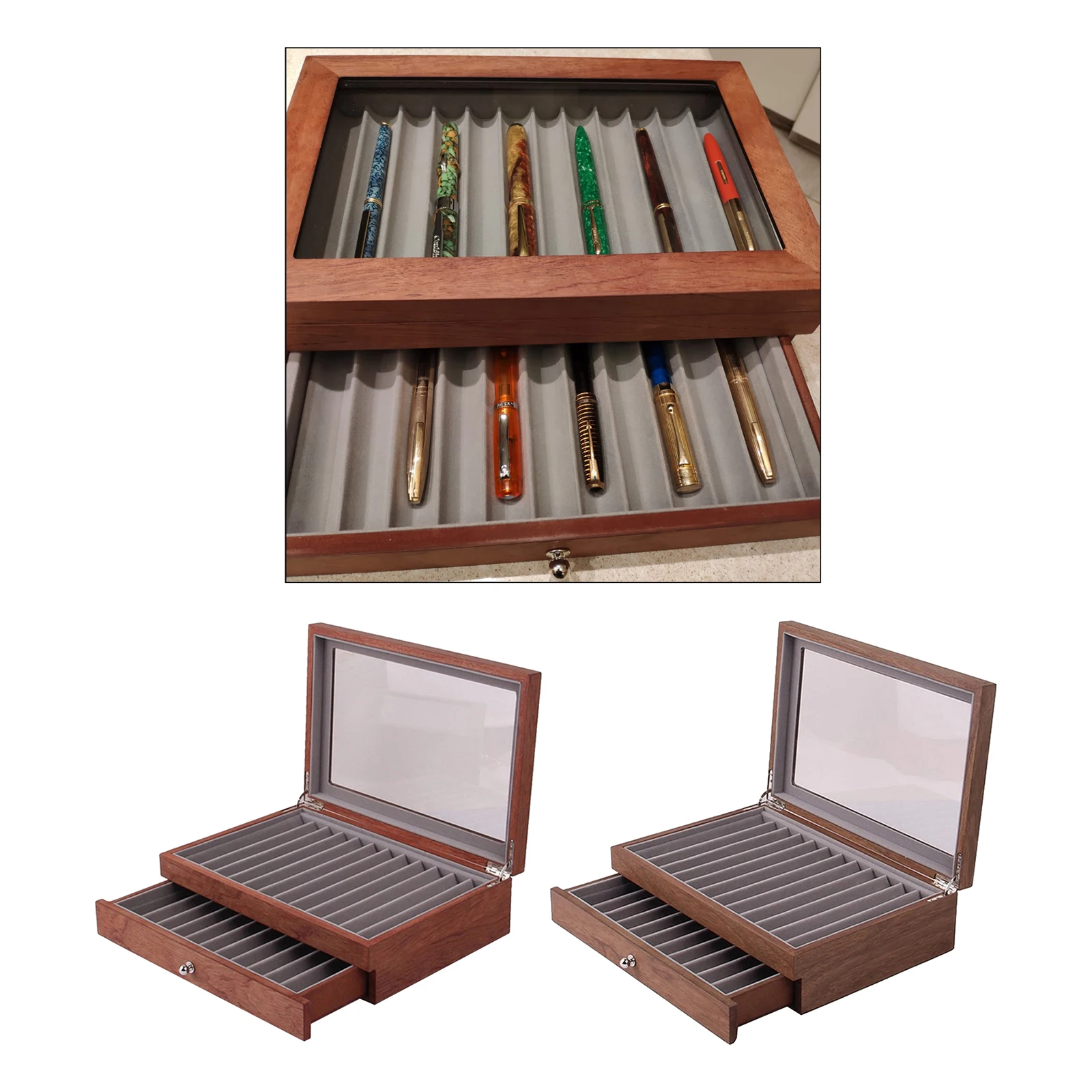 Large Capacity Practical 23 Slots Pen Display Case & Lid Window with Drawer