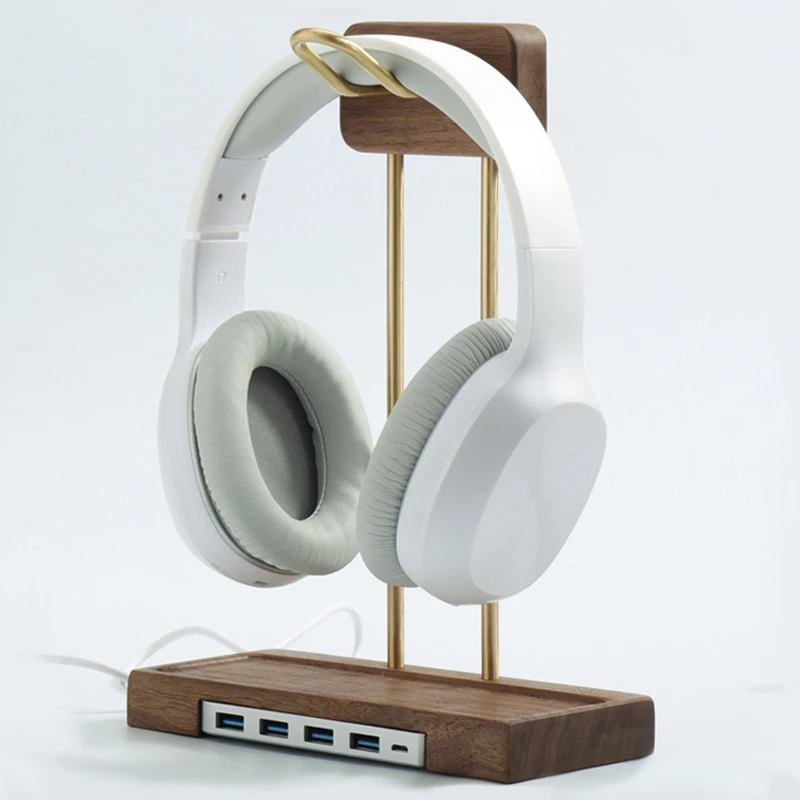 Универсальная подставка для гарнитуры из орехового/Букового дерева + латунный