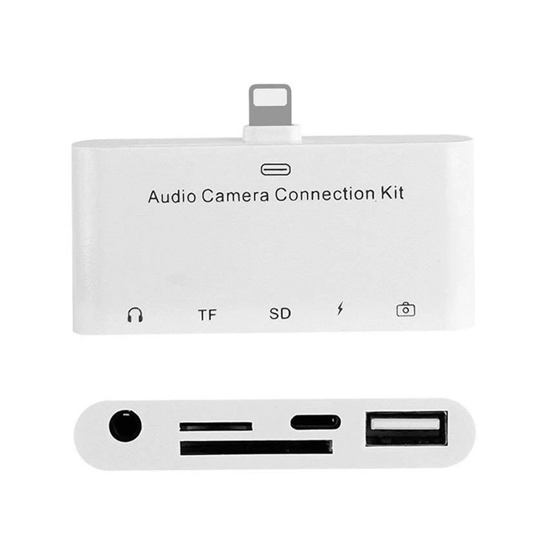 

5 in 1 8Pin to SD Camera Adapter USB, OTG, 3.5mm Audio Jack, TF SD Micro-Reader, Connection Kit for iPhone & iPad, Portable SD M