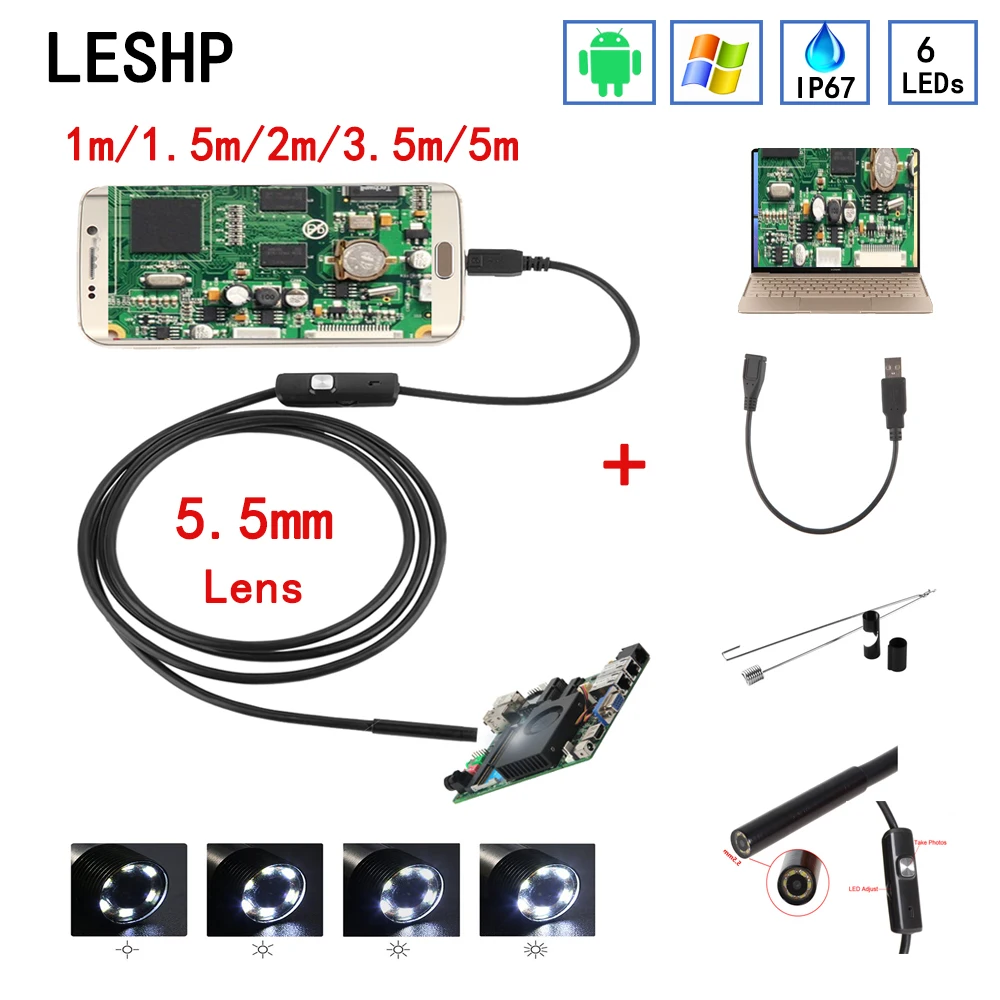 Cámara endoscópica de 5,5mm, endoscopio USB HD con 6 LED 1/1.5/2/3.5/5M, boroscopio de inspección impermeable con Cable suave para Android PC