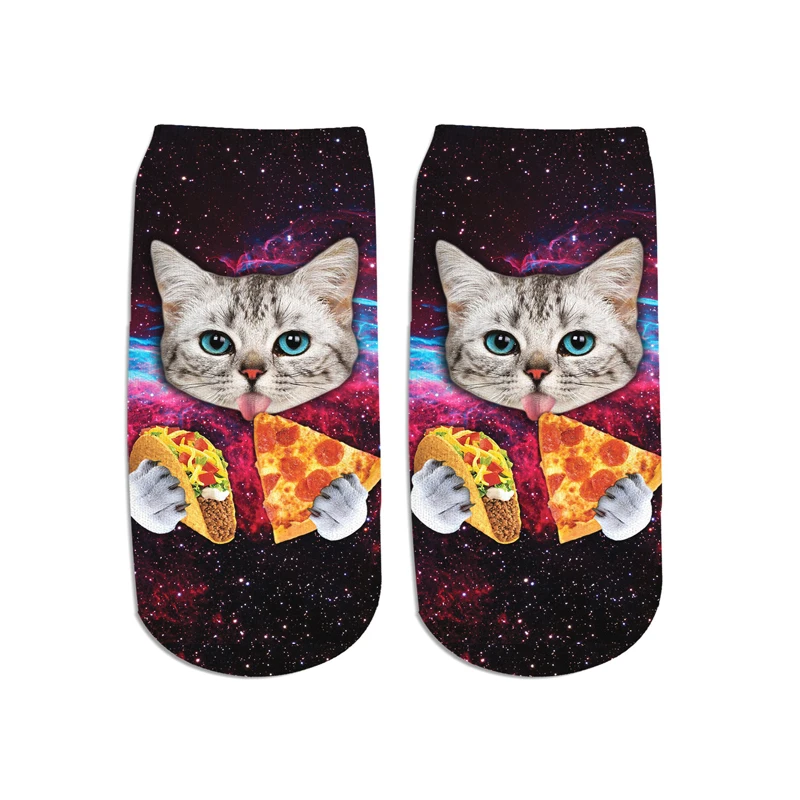 PLstar Космос животные Космос кошка поедающий пиццу 3D печатных милые хлопковые короткие носки для женщин женские harajuku корейские носки - Цвет: color as the picture