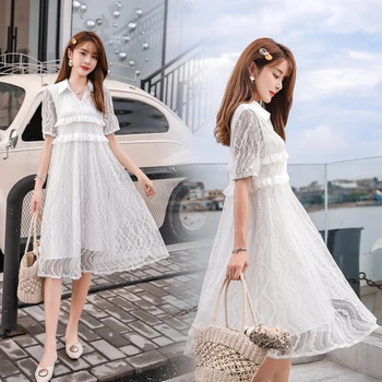 

Sweet Dress For Women Patchwork Ladies Dresses Korean Lace Dress Loose Women's Summer Sundress White Vestidos De Fiesta