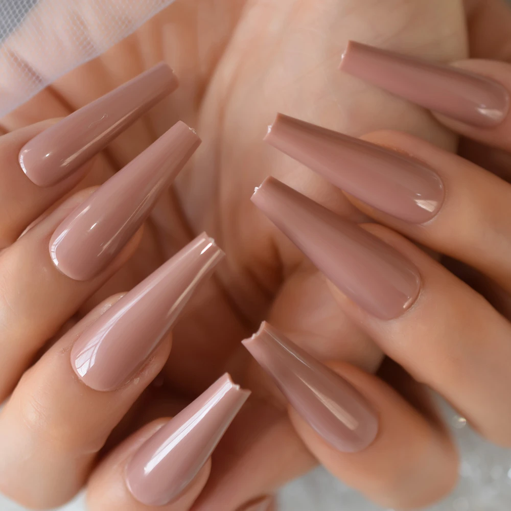 Beige Brown Glossy Ballerina Fake Nails Abs Shiny Extra Long Coffin Color Press On Nails With Glue Sticker 24 False Nails Aliexpress