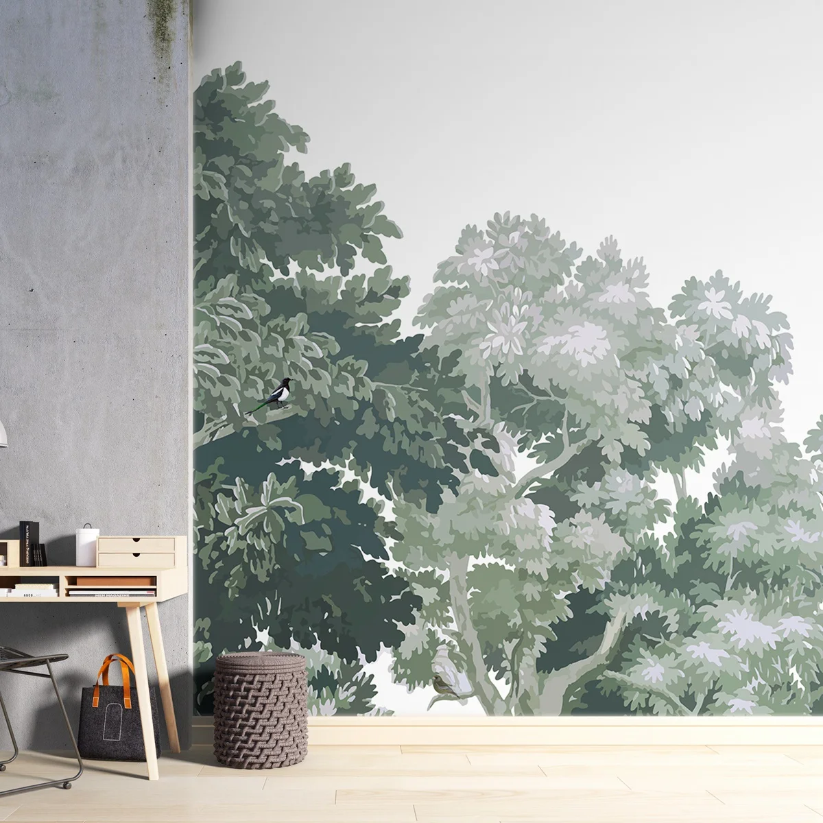 Dream Forest wallpaper in fresh green, Jungle sketch wall Mural in light green color