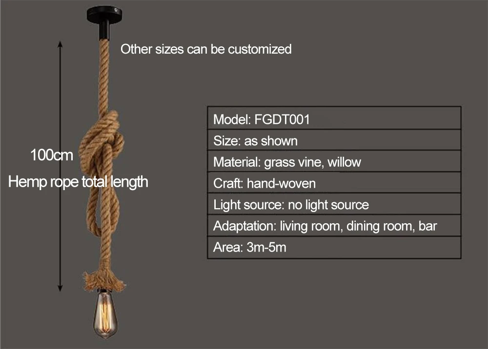 Подвесной светильник на пеньковой веревке подвесной Винтаж E27 чердак веревки AC90