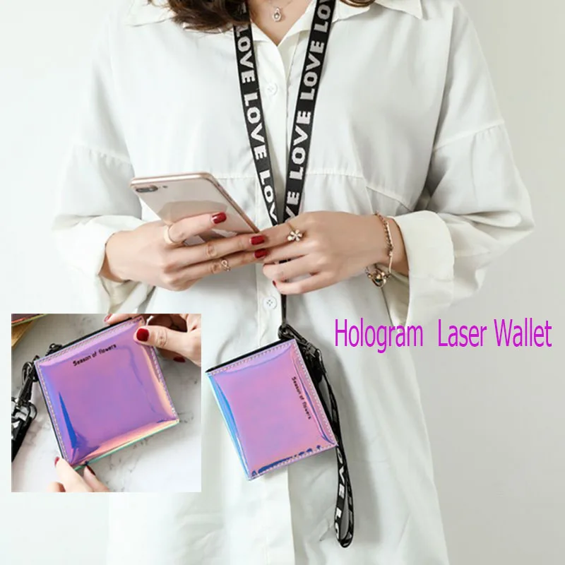 

Women Dual purpose Hologram Laser Leather Wallet Button Purse Lady Short Handbag Bag With Short wristlet and Long neck lanyard