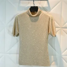 Весна-Осень, женские высококачественные трикотажные футболки с бриллиантами, шикарные футболки с высоким воротом, топы B168