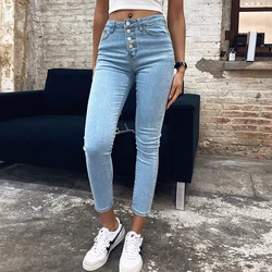 Fakuntn estiramento calças de brim de cintura alta das mulheres 2021 magro moda lavada calças femininas denim lápis elástico nona calças