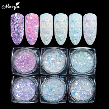 

Monja 6 Boxes/Set Nail Art Optical Light Change Glitter Powder Flake UV Gel Sunlight Sensitive Holographic Hexagon Sequin Decors